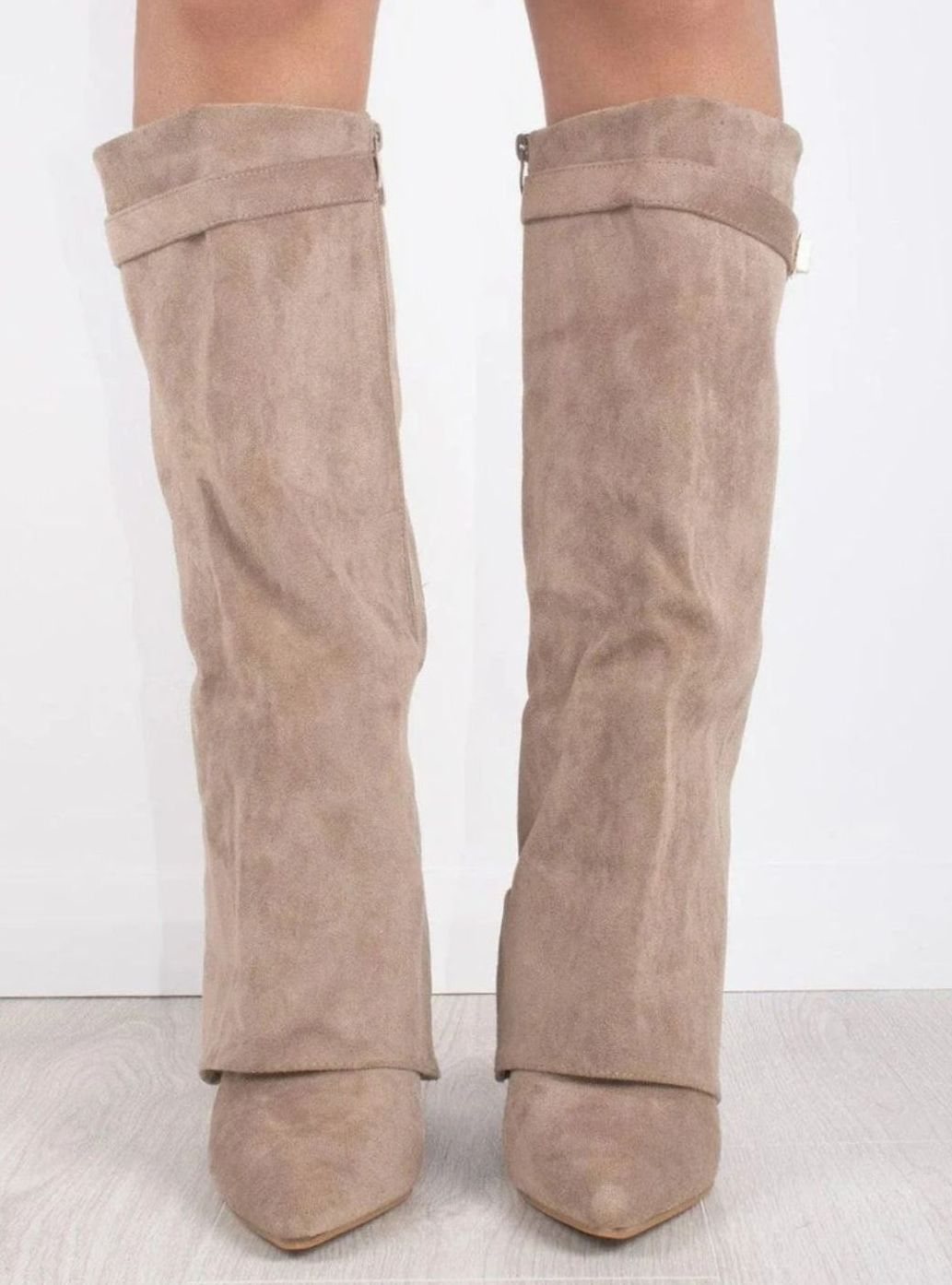 Women's Suede Fold-Over Knee High Boots Gold Clasp