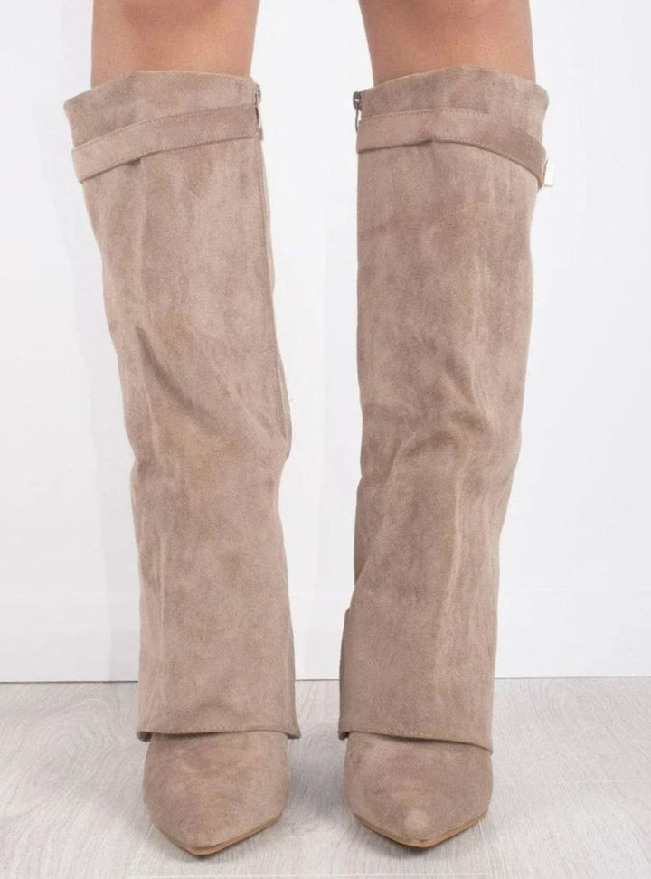 Women's Suede Fold-Over Knee High Boots Gold Clasp
