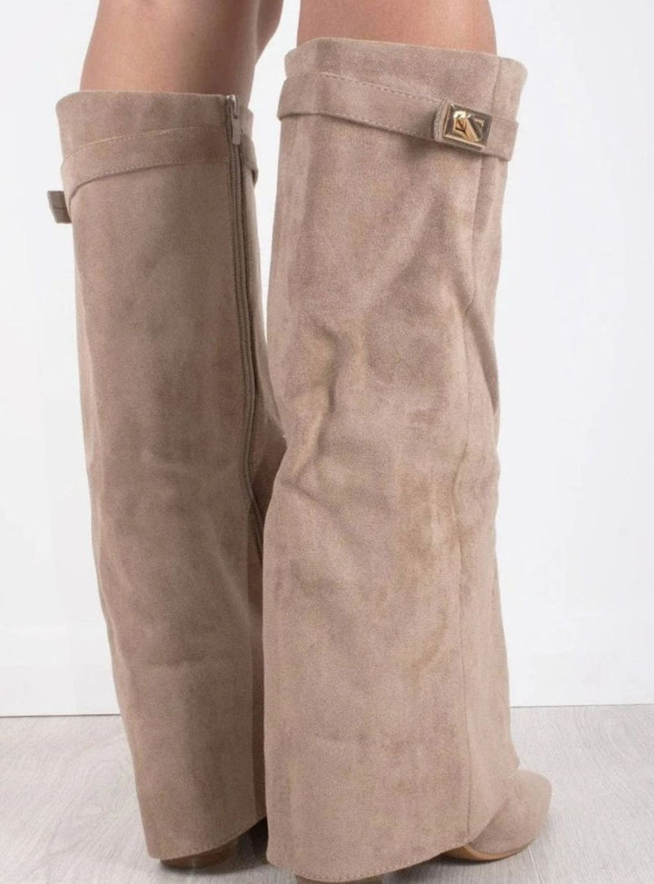 Women's Suede Fold-Over Knee High Boots Gold Clasp