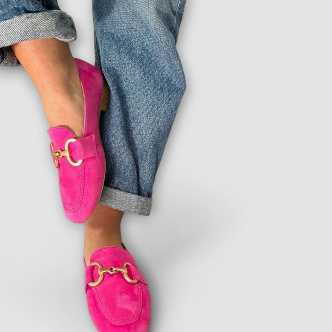 Women's Suede Gold-Buckle Slip-On Loafers - Pink