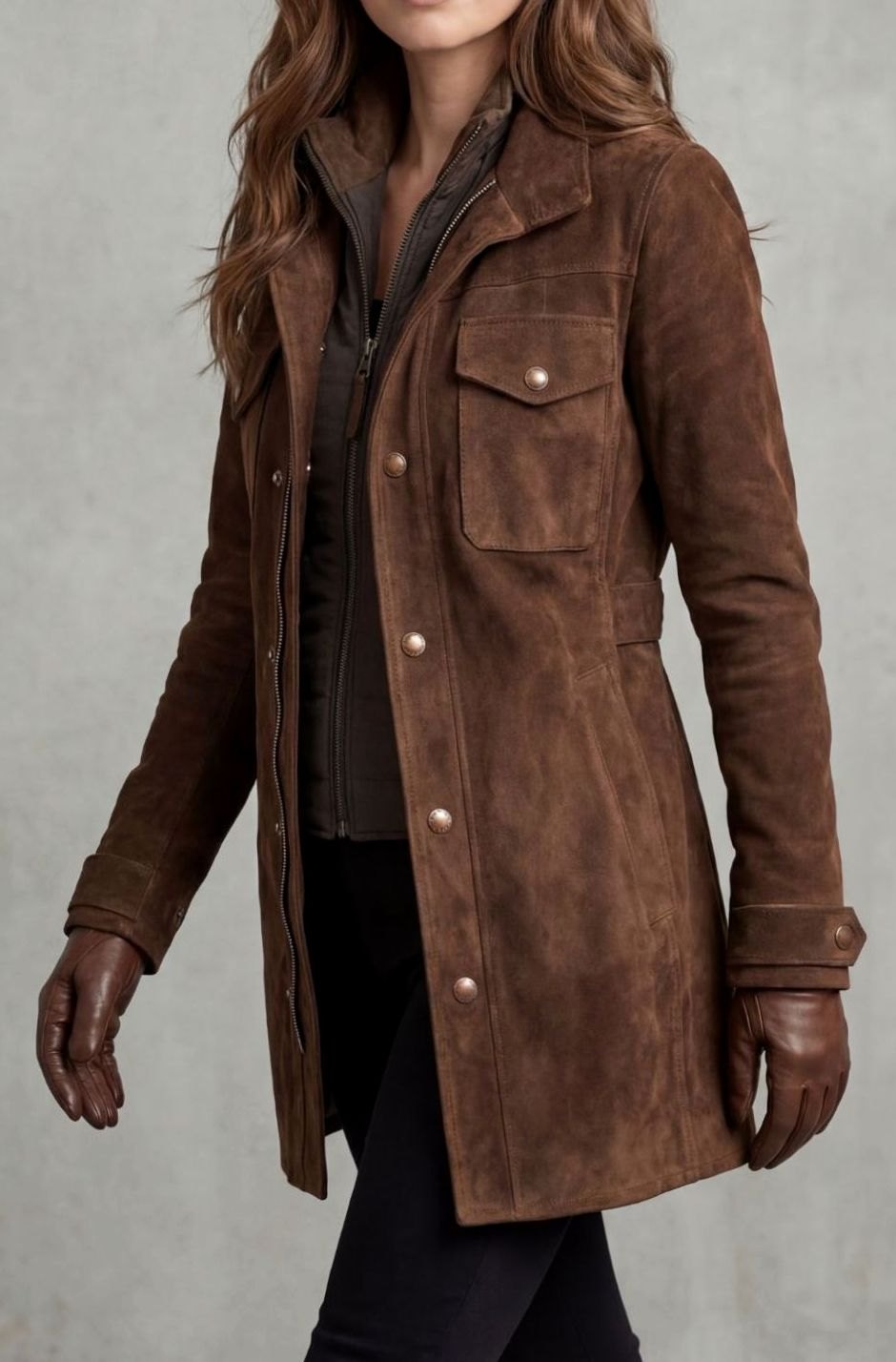 Women's Suede Longline Snap-Front Coat