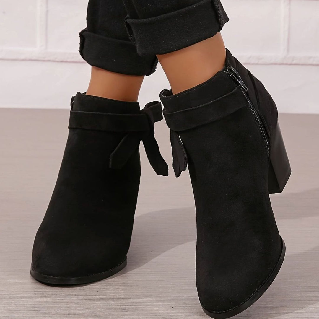 Women's Suede-Look Block-Heel Ankle Boots with Back Bow