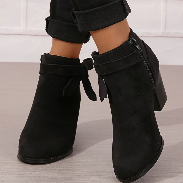 Women's Suede-Look Block-Heel Ankle Boots with Back Bow