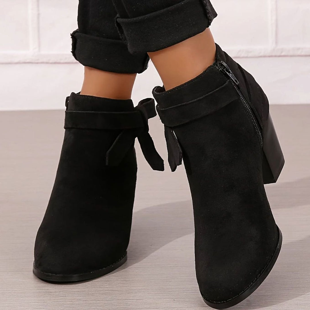 Women's Suede-Look Block-Heel Ankle Boots with Back Bow - Black