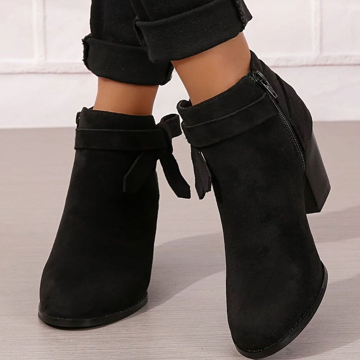 Women's Suede-Look Block-Heel Ankle Boots with Back Bow - Black