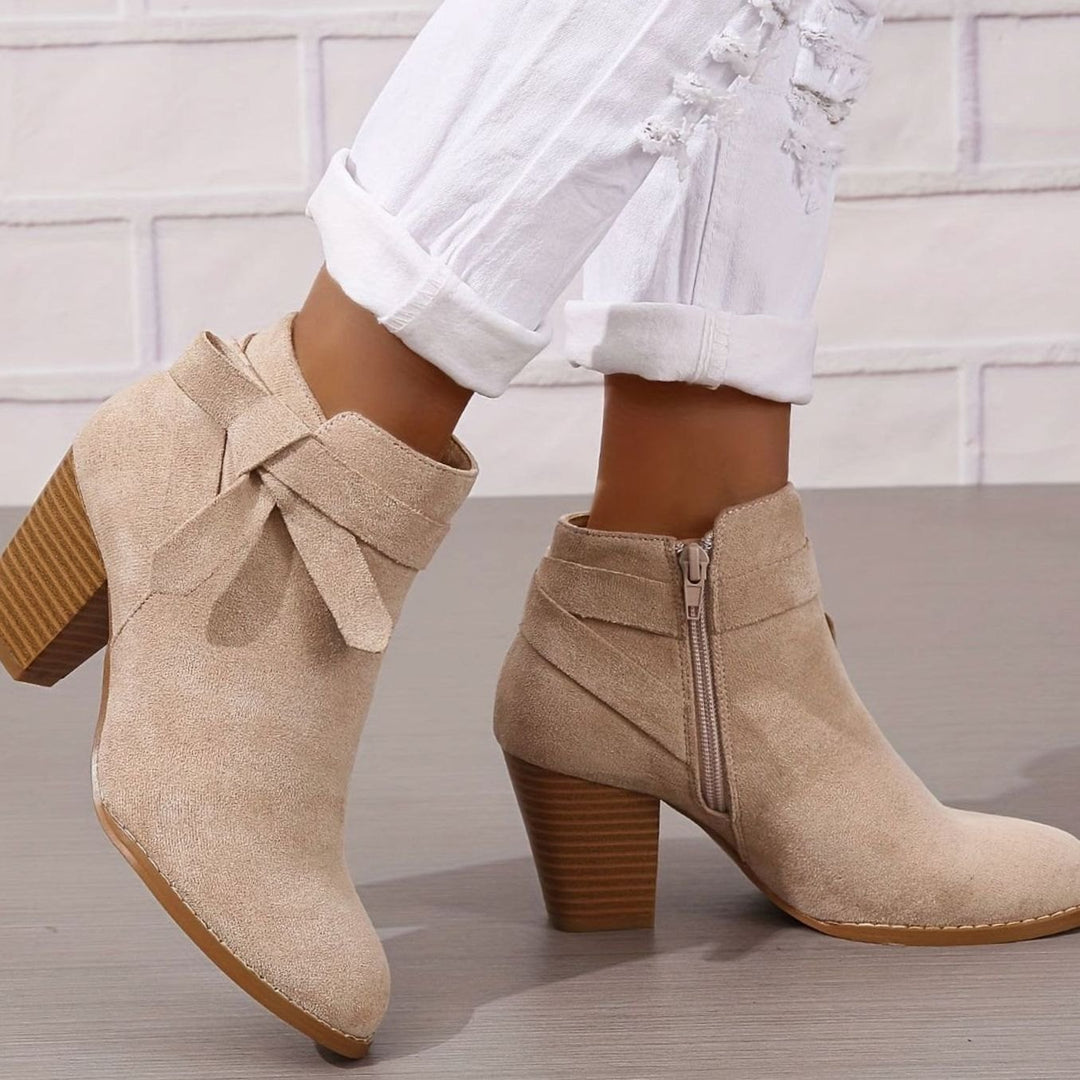 Women's Suede-Look Block-Heel Ankle Boots with Back Bow