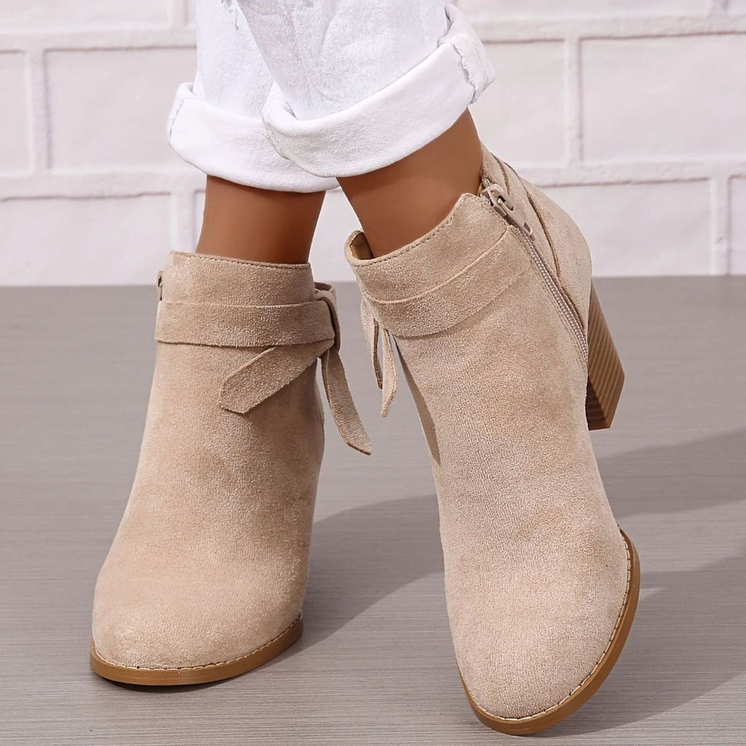 Women's Suede-Look Block-Heel Ankle Boots with Back Bow