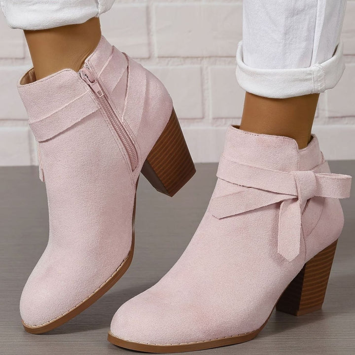 Women's Suede-Look Block-Heel Ankle Boots with Back Bow - Pink