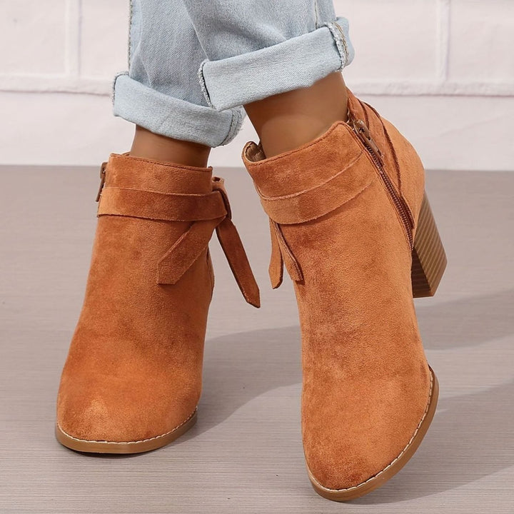 Women's Suede-Look Block-Heel Ankle Boots with Back Bow - Orange