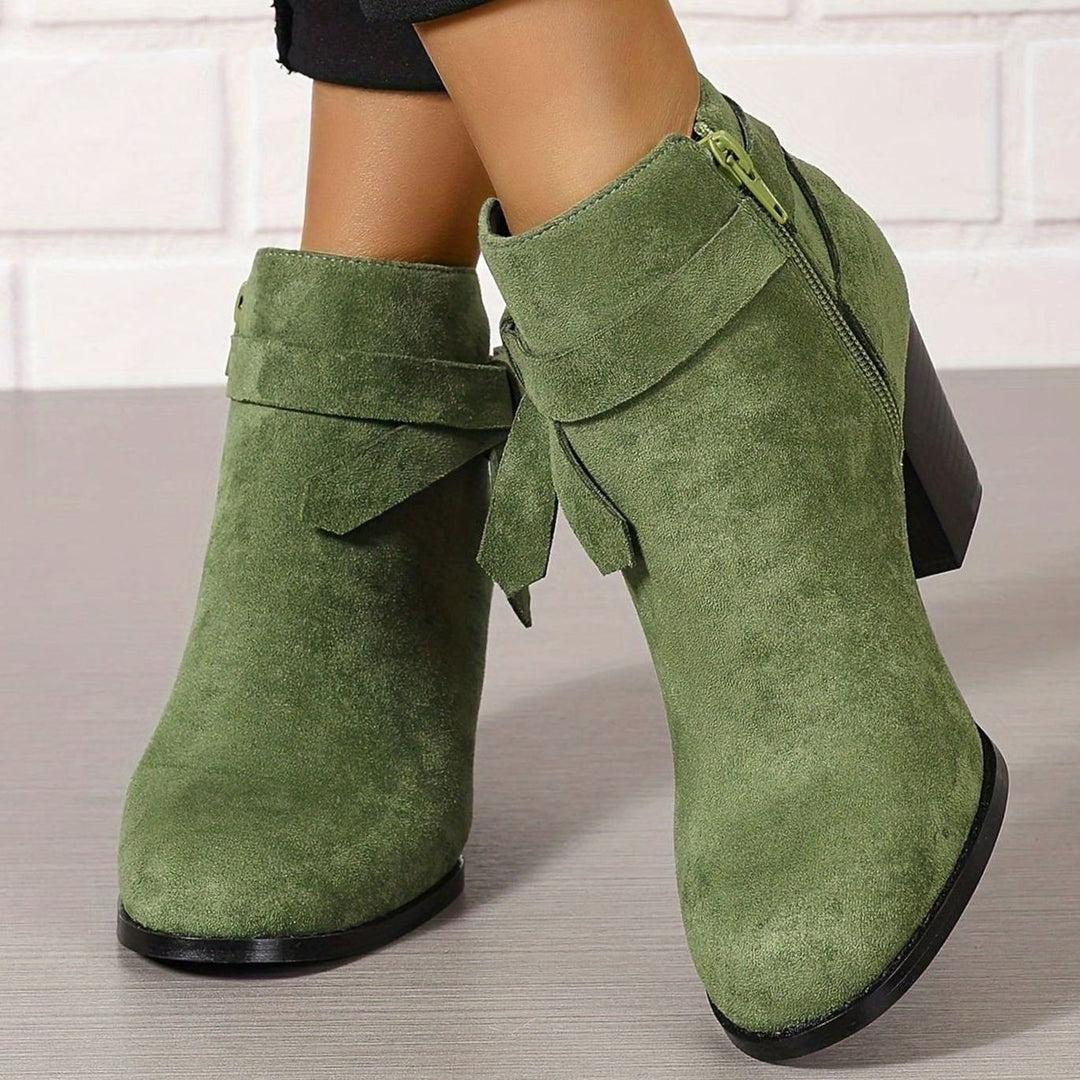 Women's Suede-Look Block-Heel Ankle Boots with Back Bow - Green