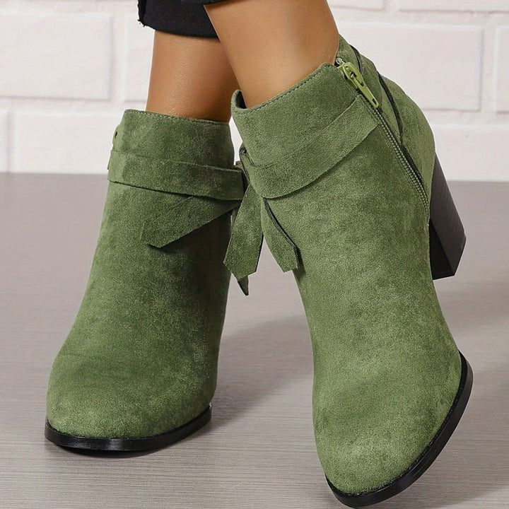 Women's Suede-Look Block-Heel Ankle Boots with Back Bow