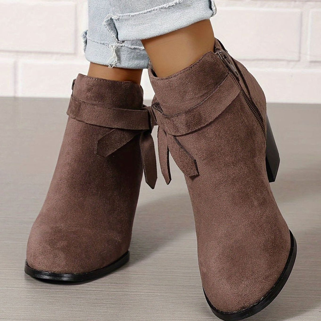 Women's Suede-Look Block-Heel Ankle Boots with Back Bow