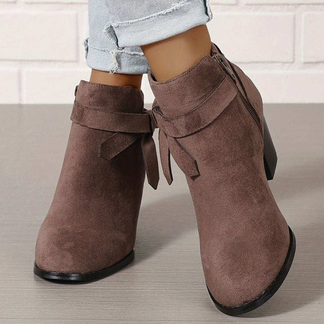 Women's Suede-Look Block-Heel Ankle Boots with Back Bow