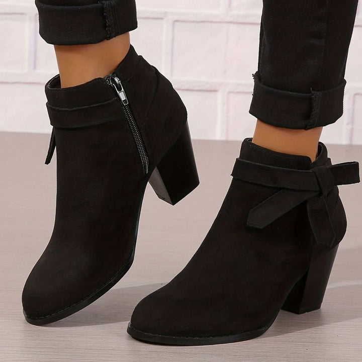 Women's Suede-Look Block-Heel Ankle Boots with Back Bow