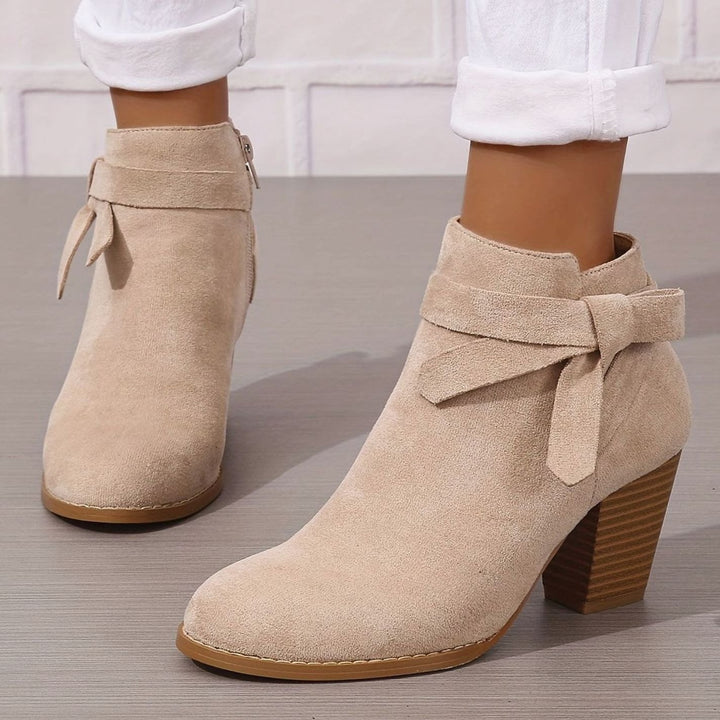 Women's Suede-Look Block-Heel Ankle Boots with Back Bow - Beige