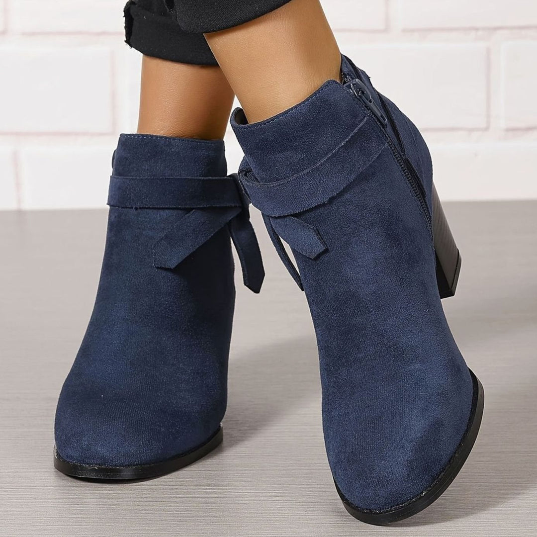 Women's Suede-Look Block-Heel Ankle Boots with Back Bow