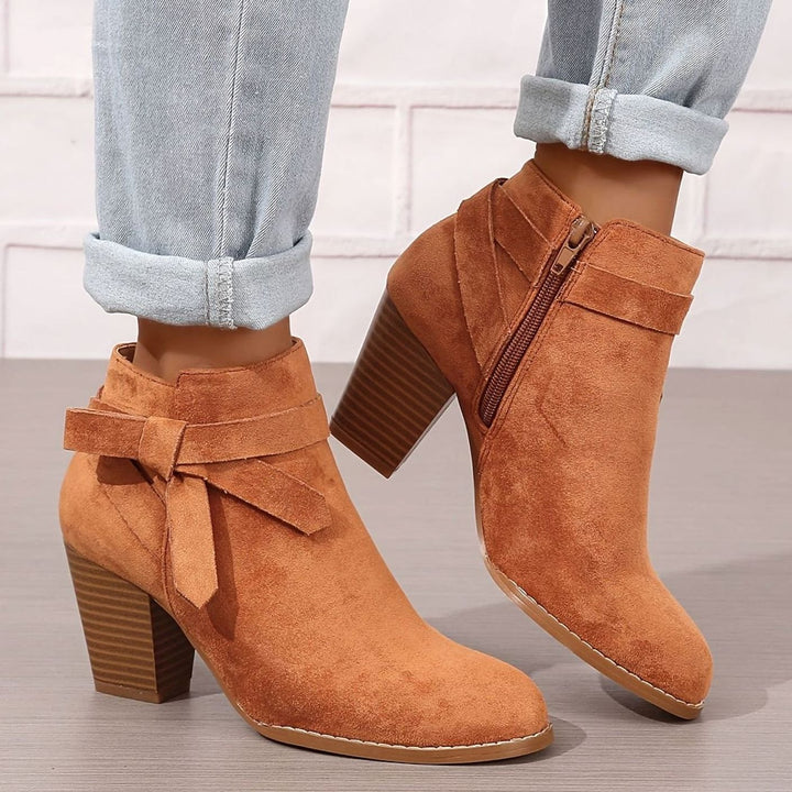 Women's Suede-Look Block-Heel Ankle Boots with Back Bow