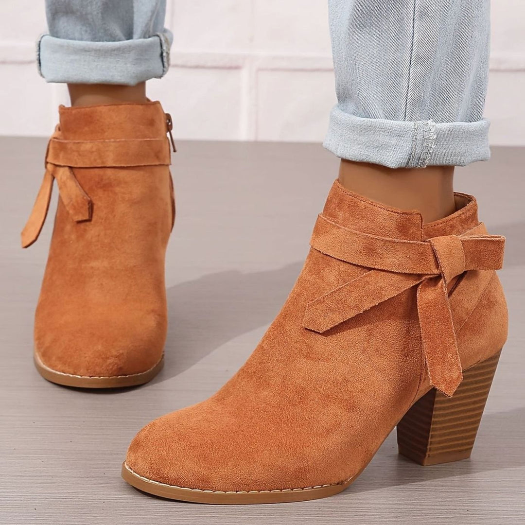 Women's Suede-Look Block-Heel Ankle Boots with Back Bow