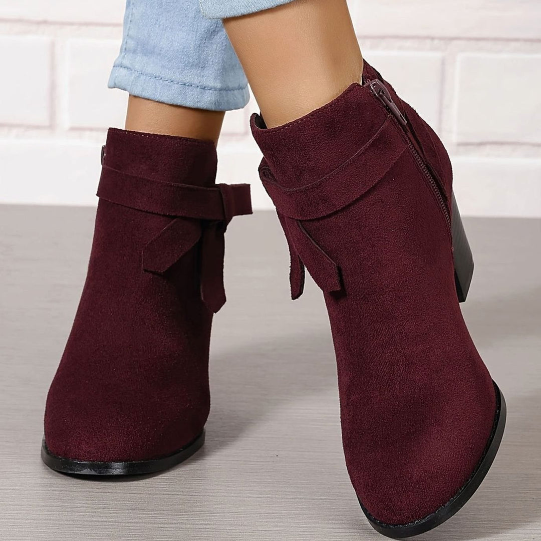Women's Suede-Look Block-Heel Ankle Boots with Back Bow - Red