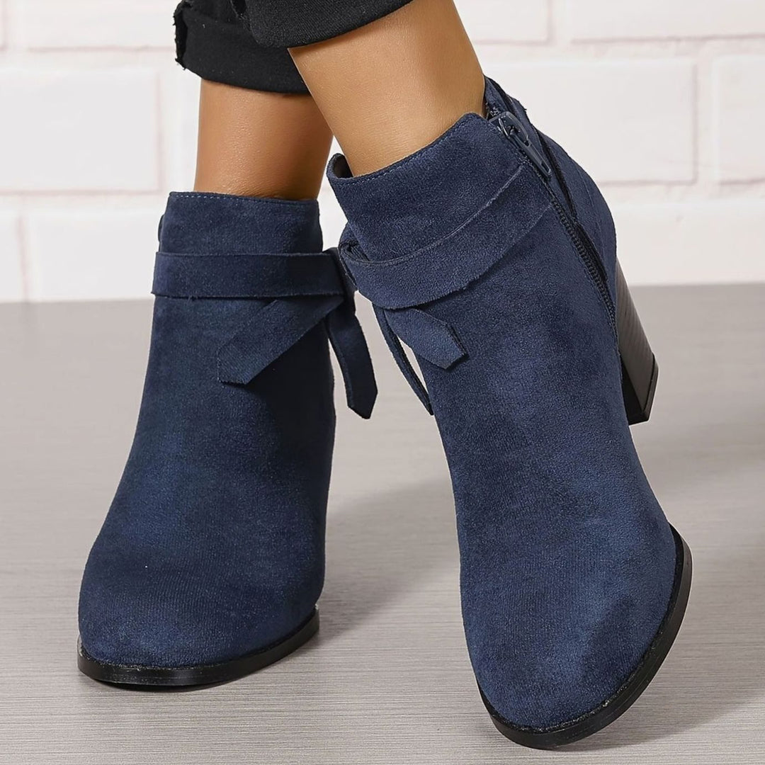 Women's Suede-Look Block-Heel Ankle Boots with Back Bow - Blue