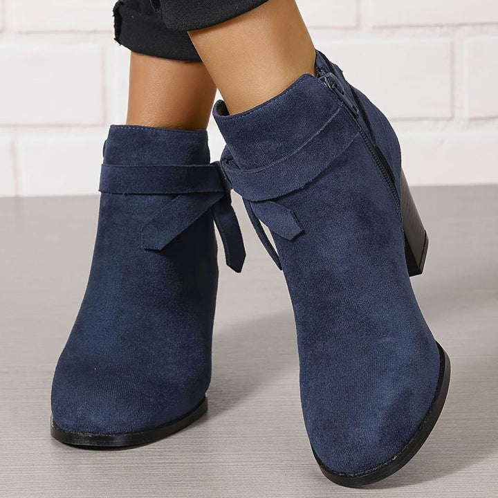 Women's Suede-Look Block-Heel Ankle Boots with Back Bow - Blue