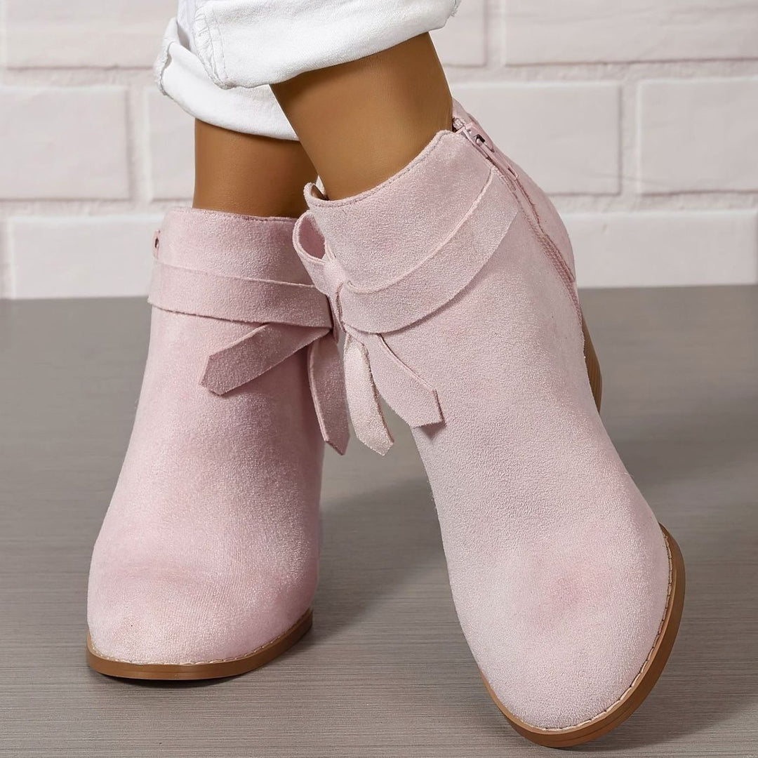 Women's Suede-Look Block-Heel Ankle Boots with Back Bow