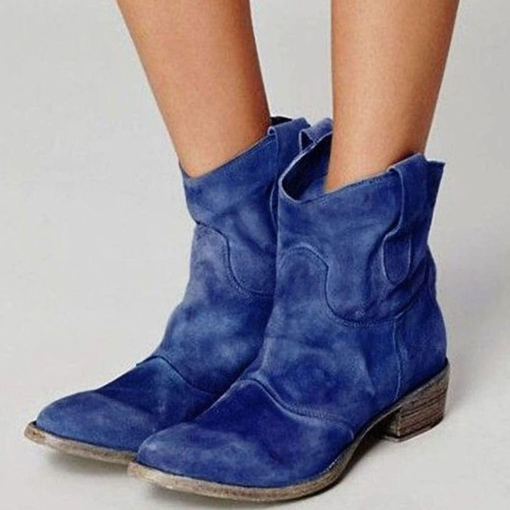 Women's Suede Low-Heel Western Cowboy Ankle Boots - Blue