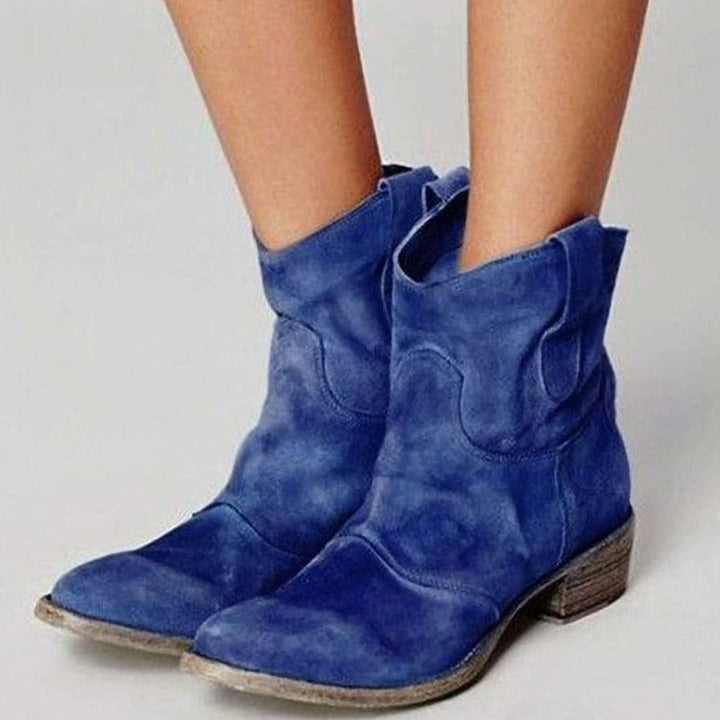Women's Suede Low-Heel Western Cowboy Ankle Boots - Blue