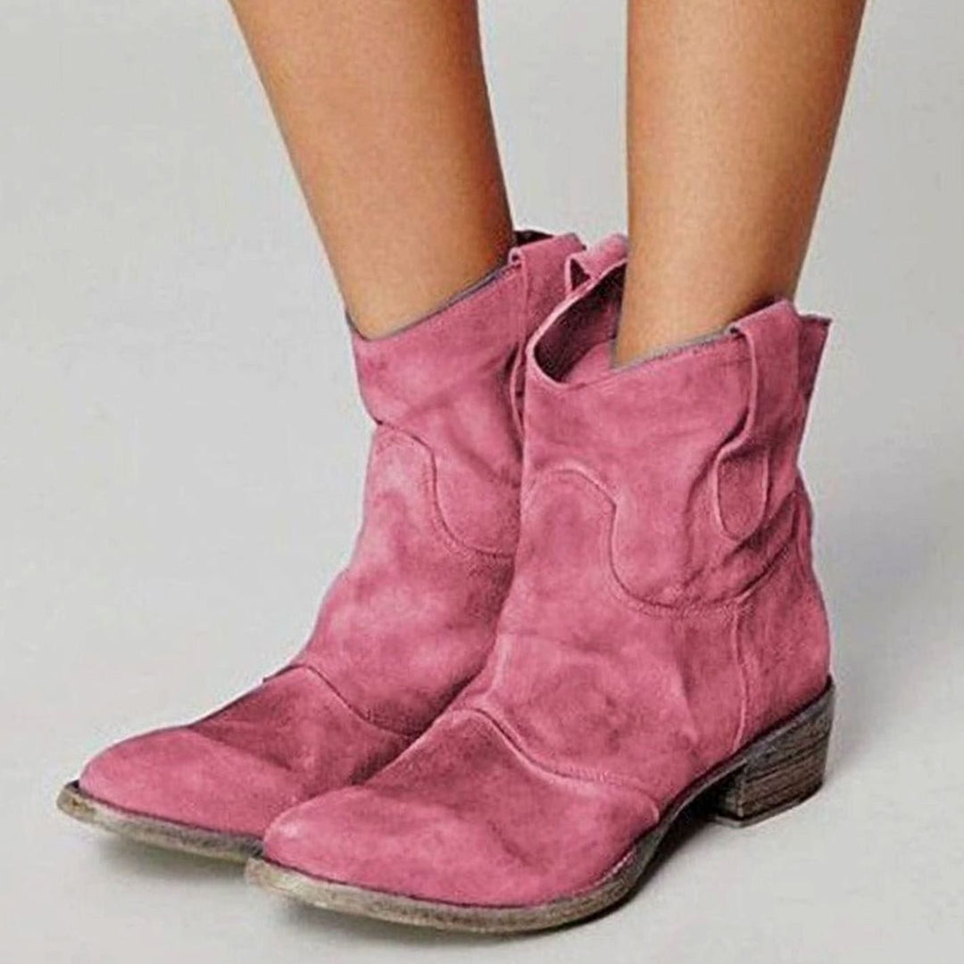 Women's Suede Low-Heel Western Cowboy Ankle Boots - Pink