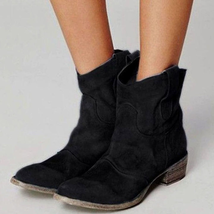 Women's Suede Low-Heel Western Cowboy Ankle Boots - Black