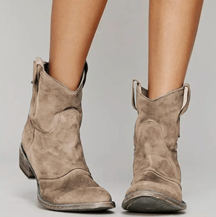 Women's Suede Low-Heel Western Cowboy Ankle Boots, Blue - Brown