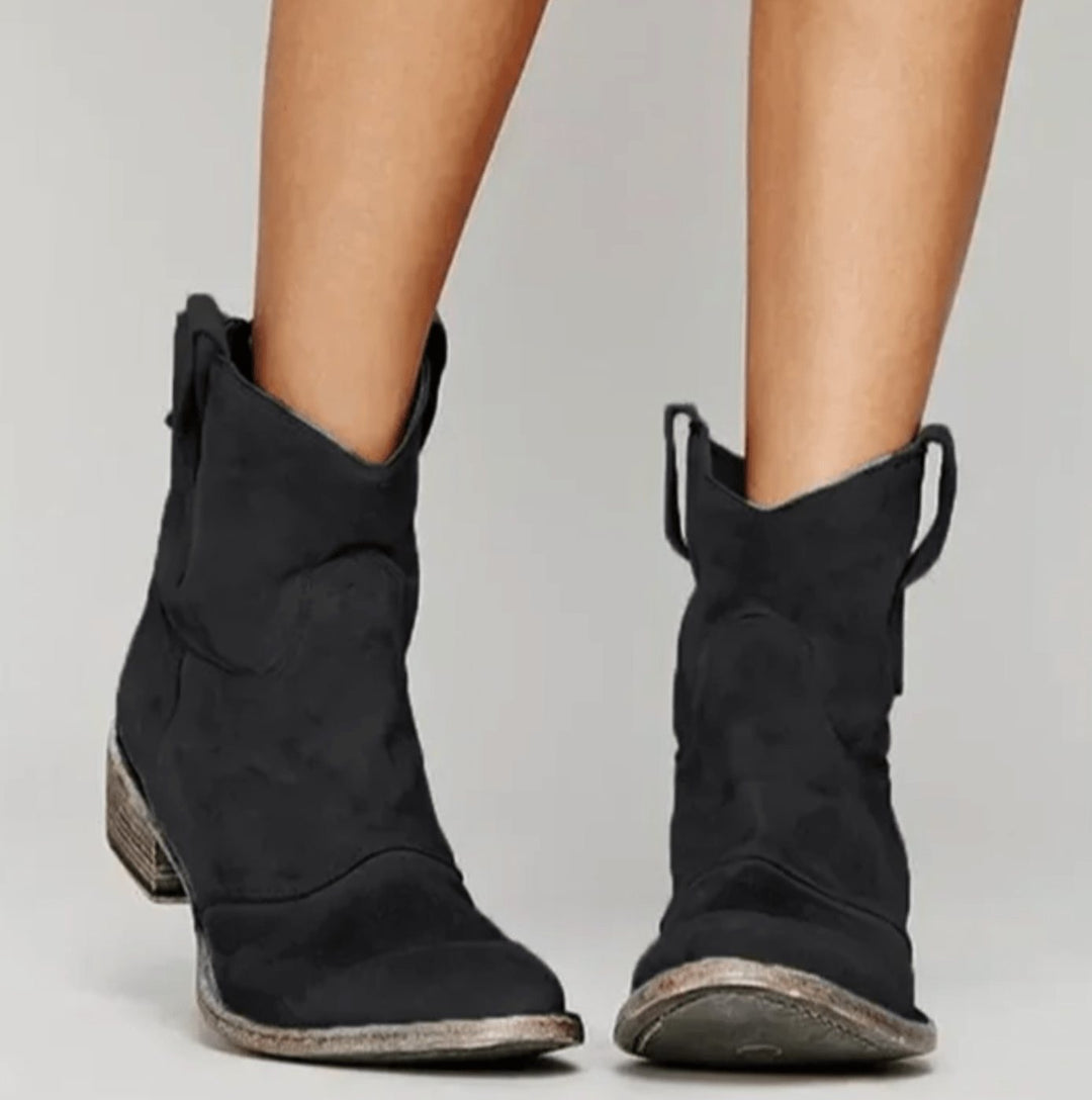 Women's Suede Low-Heel Western Cowboy Ankle Boots, Blue - Black