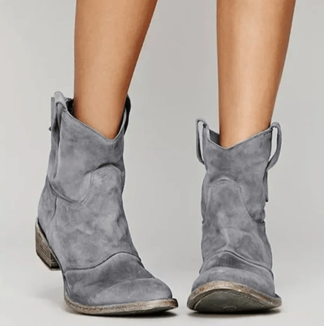 Women's Suede Low-Heel Western Cowboy Ankle Boots, Blue - Gray