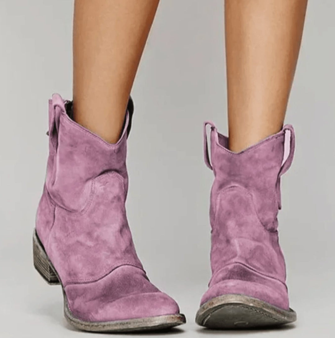 Women's Suede Low-Heel Western Cowboy Ankle Boots, Blue - Pink
