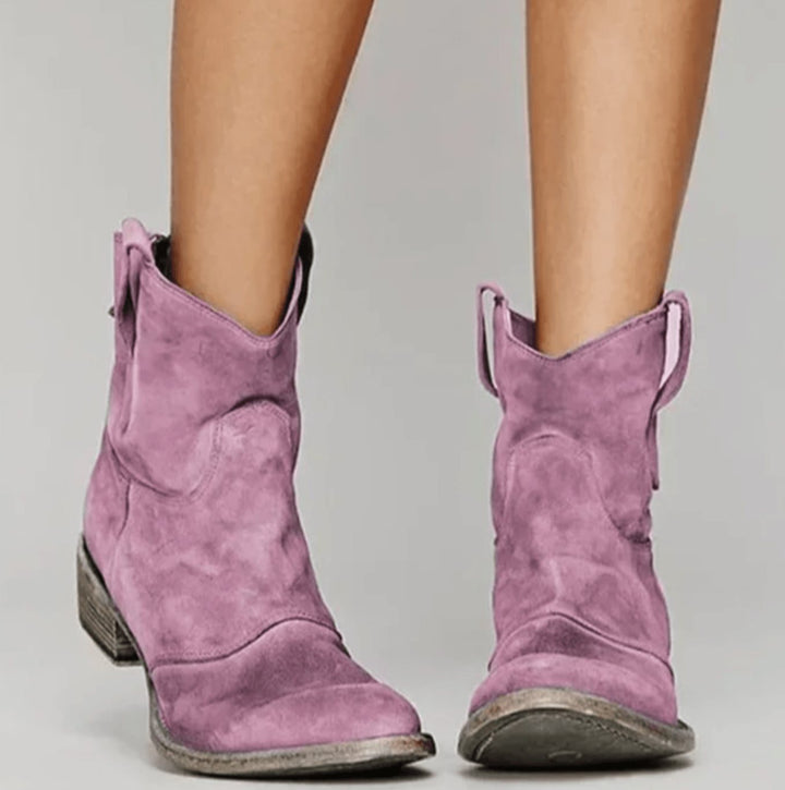 Women's Suede Low-Heel Western Cowboy Ankle Boots, Blue - Pink