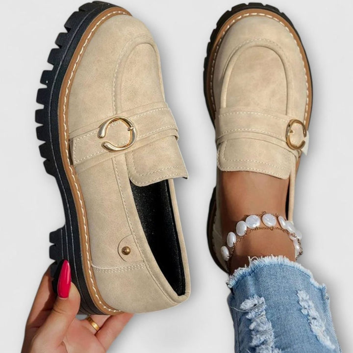 Women's Suede Platform Slip-On Loafers Gold Buckle Detail - Beige
