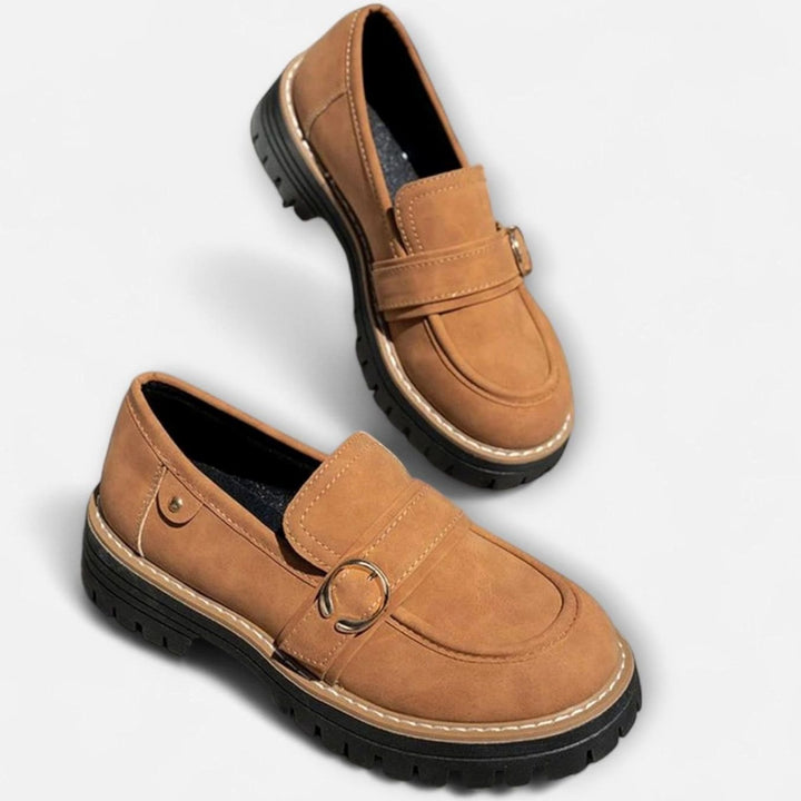 Women's Suede Platform Slip-On Loafers Gold Buckle Detail