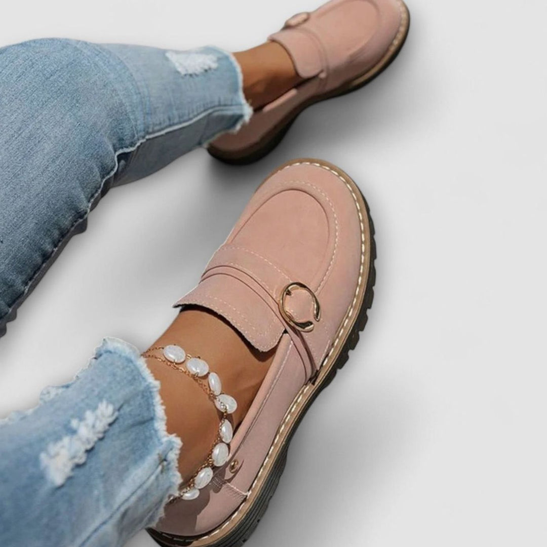 Women's Suede Platform Slip-On Loafers Gold Buckle Detail