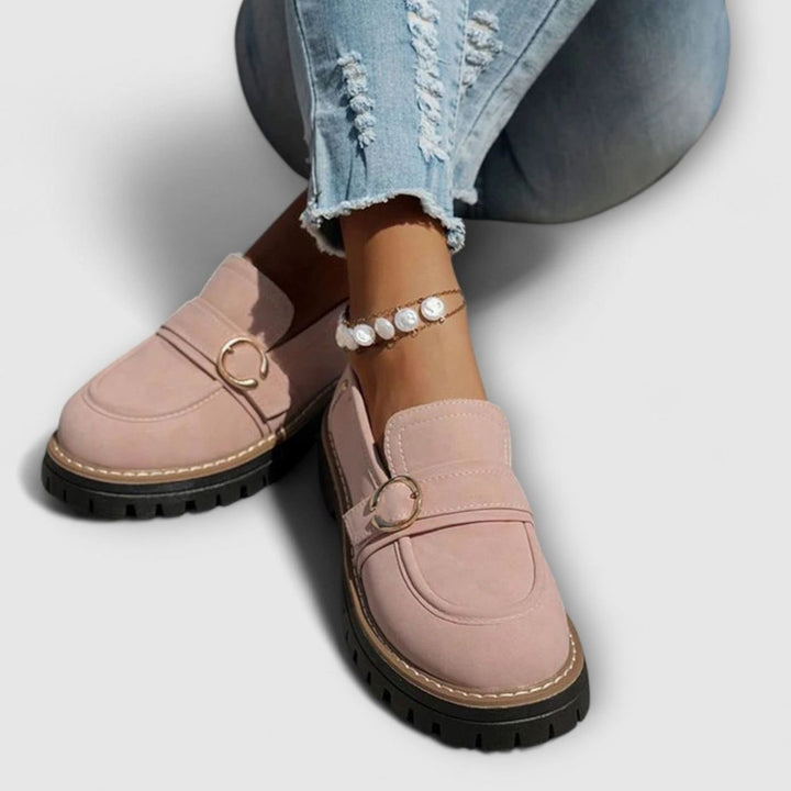 Women's Suede Platform Slip-On Loafers Gold Buckle Detail