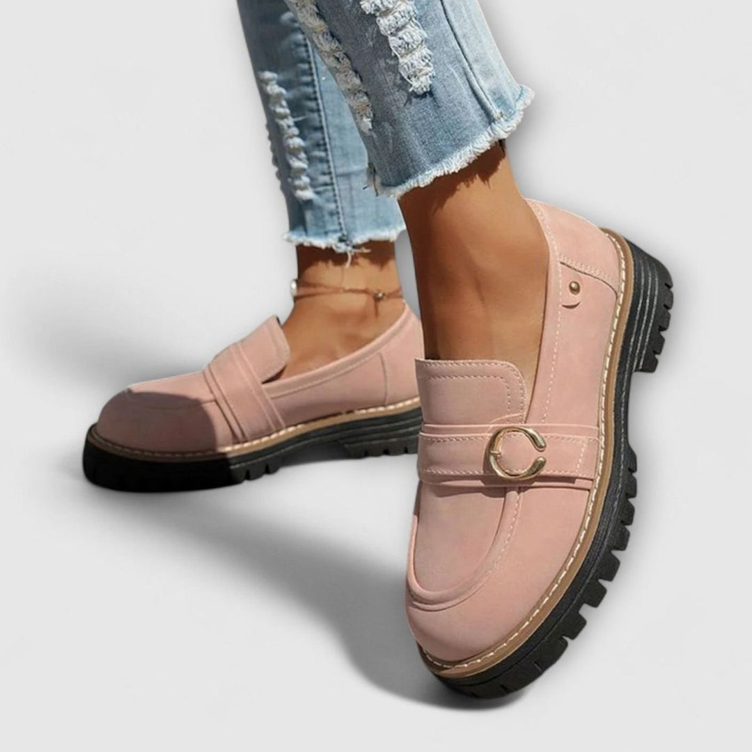 Women's Suede Platform Slip-On Loafers Gold Buckle Detail