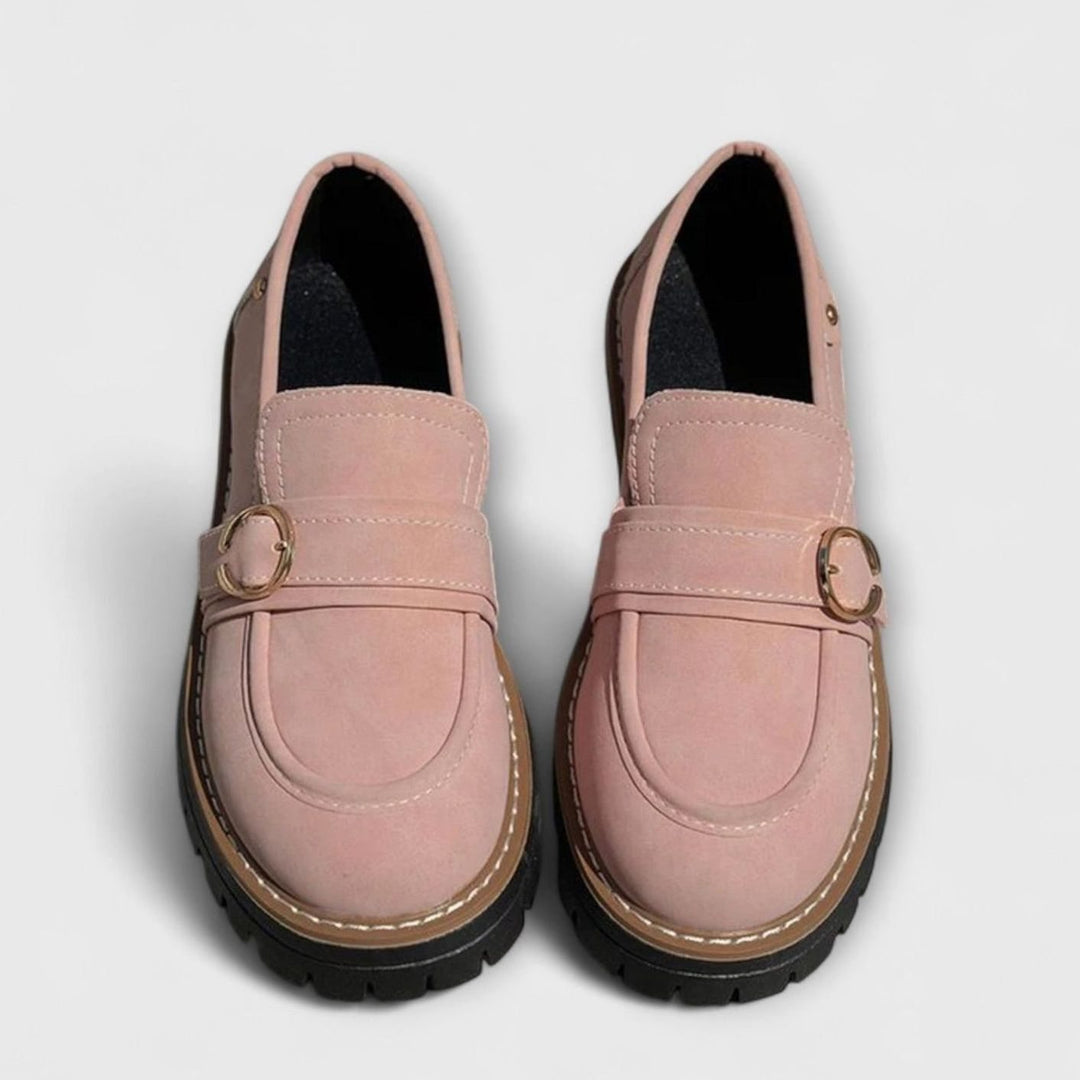 Women's Suede Platform Slip-On Loafers Gold Buckle Detail - Pink