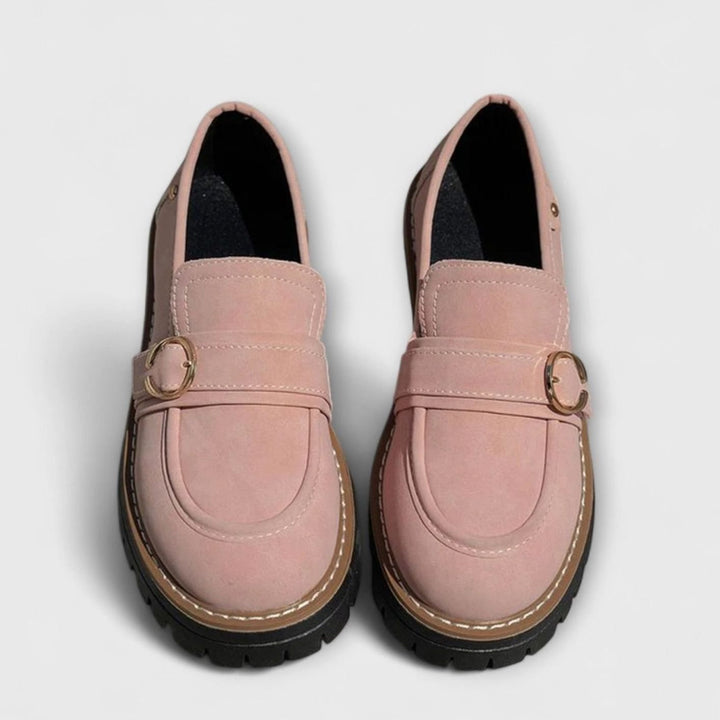 Women's Suede Platform Slip-On Loafers Gold Buckle Detail - Pink