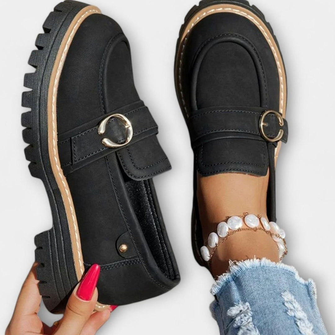 Women's Suede Platform Slip-On Loafers Gold Buckle Detail - Black