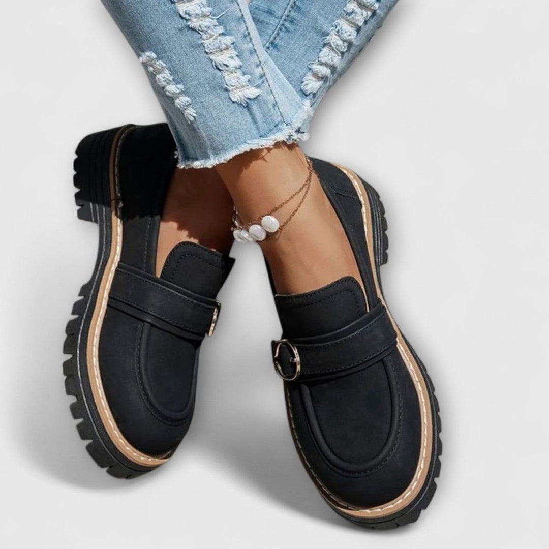 Women's Suede Platform Slip-On Loafers Gold Buckle Detail
