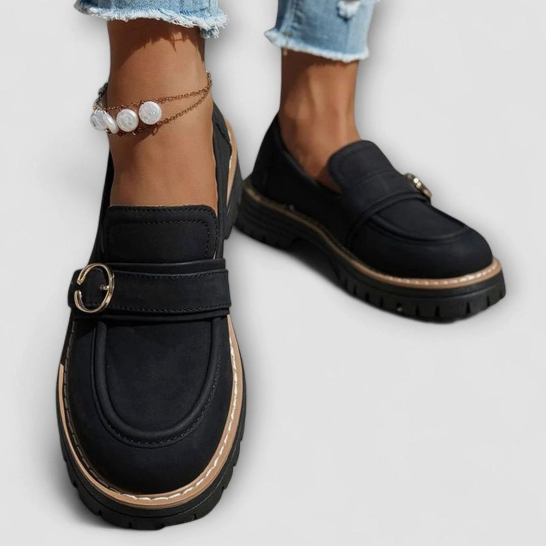 Women's Suede Platform Slip-On Loafers Gold Buckle Detail