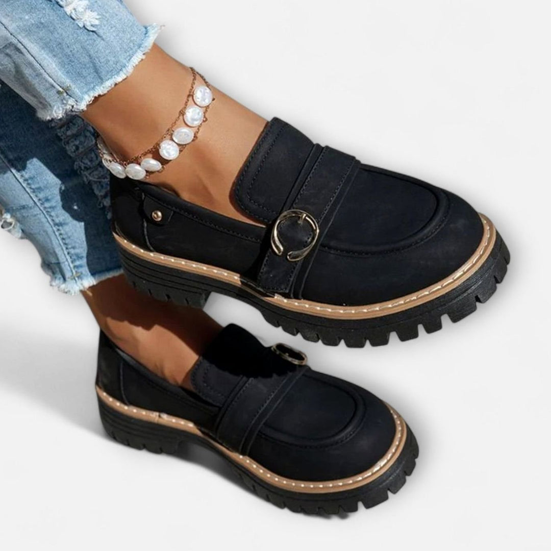 Women's Suede Platform Slip-On Loafers Gold Buckle Detail