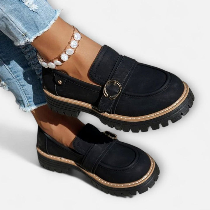 Women's Suede Platform Slip-On Loafers Gold Buckle Detail