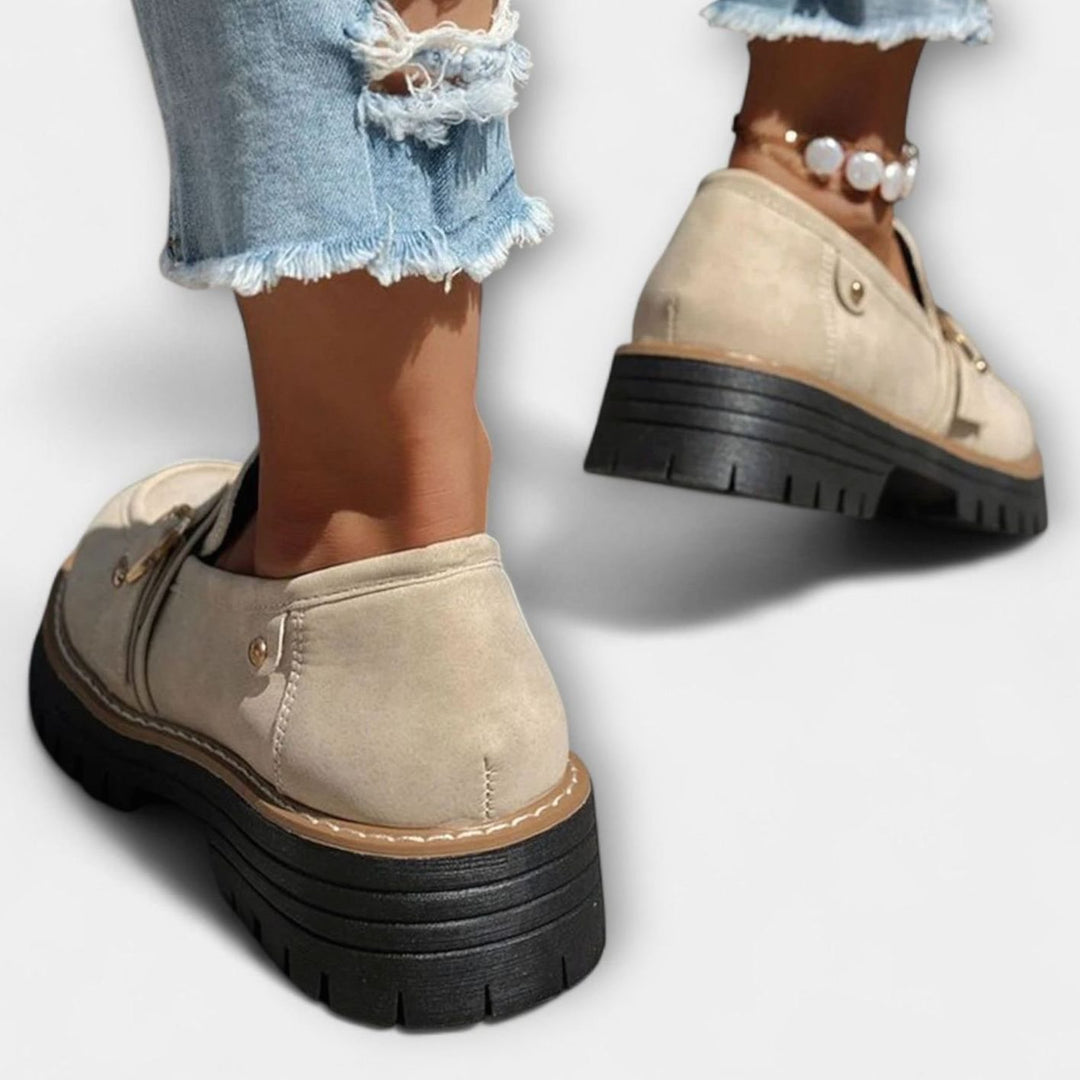 Women's Suede Platform Slip-On Loafers Gold Buckle Detail