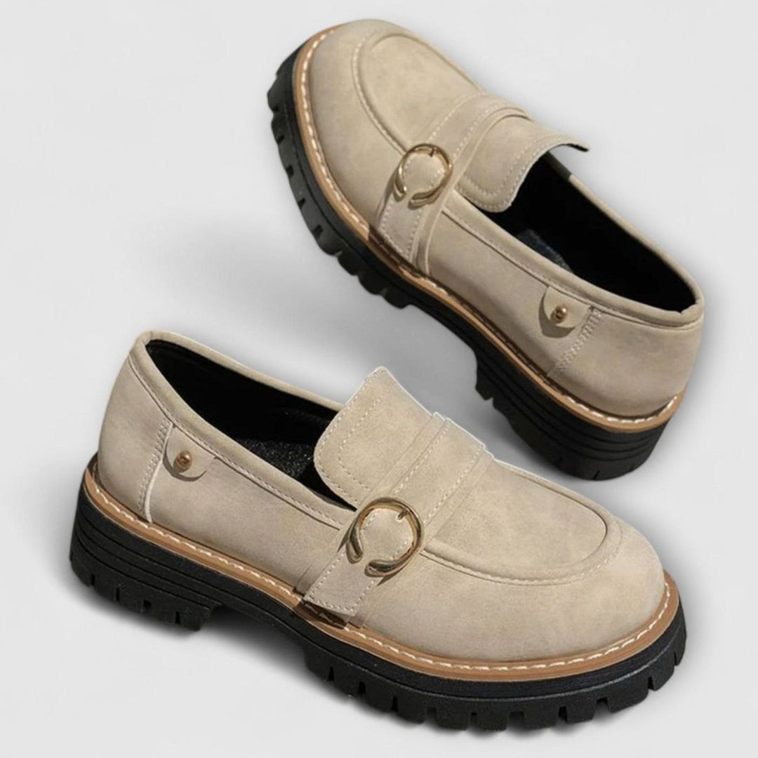 Women's Suede Platform Slip-On Loafers Gold Buckle Detail