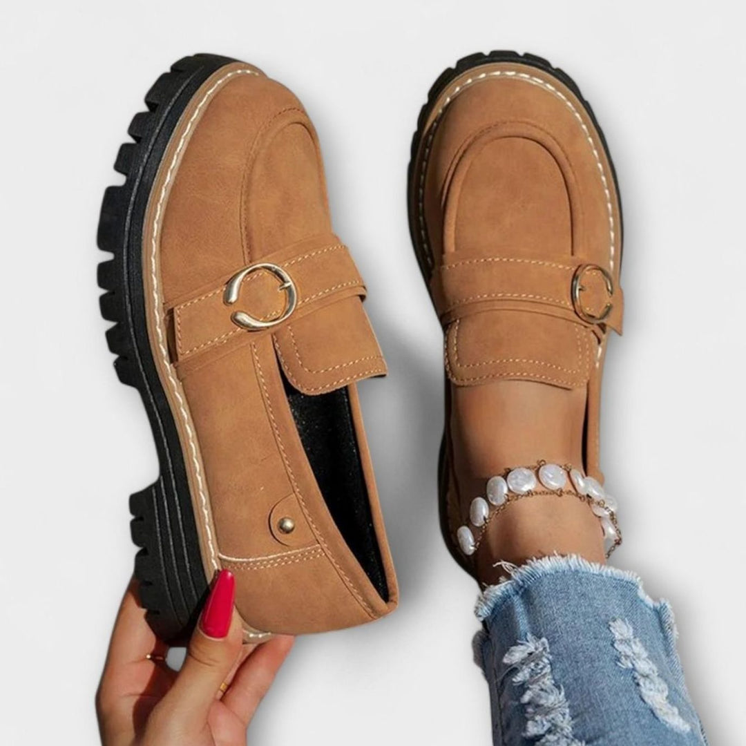 Women's Suede Platform Slip-On Loafers Gold Buckle Detail - Brown